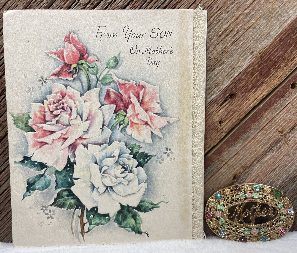 Lot Of 2 VTG 1948 Mother’s Day Card And Vintage “Mother” Brooch Pin Rhinestone