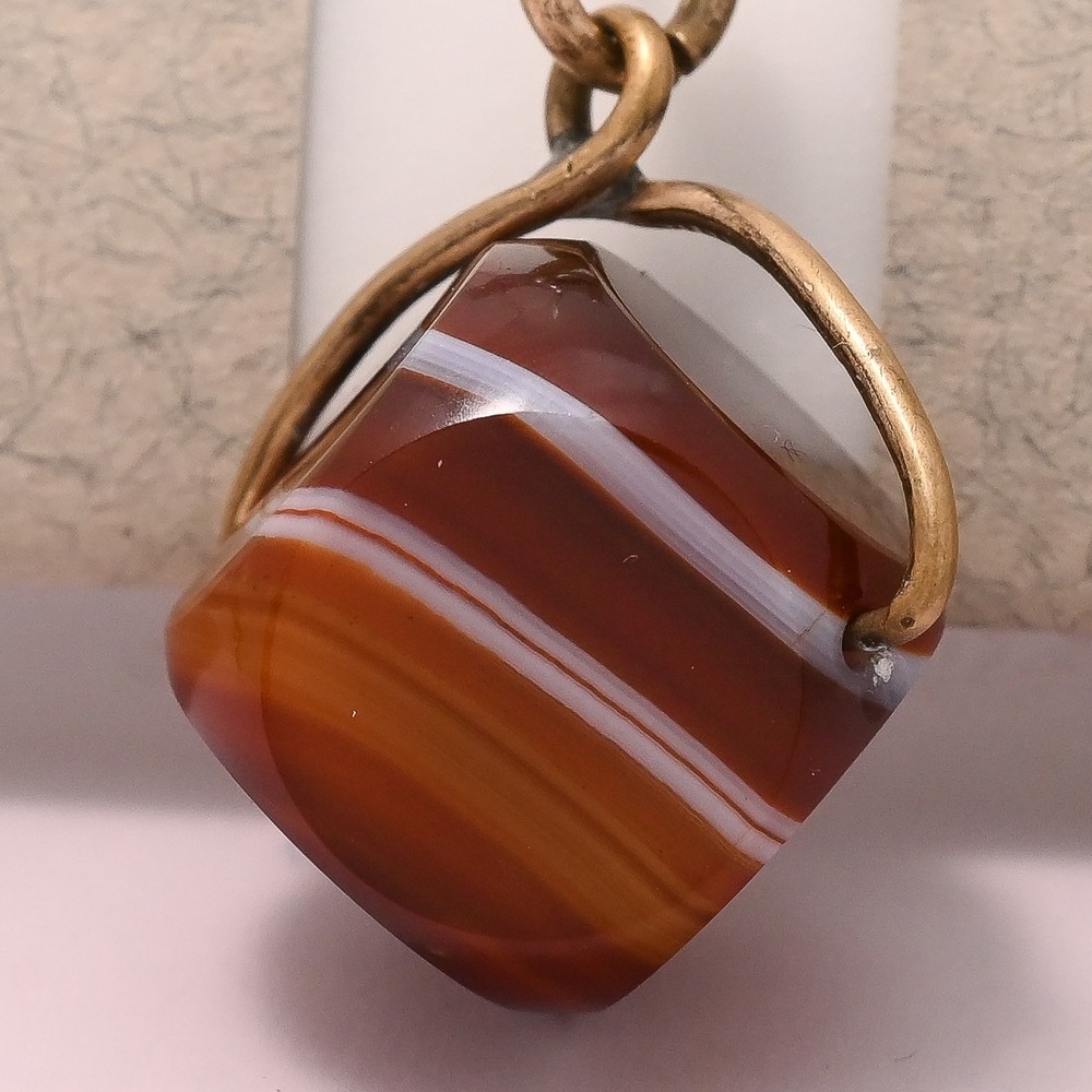Antique Victorian CUBE Banded Agate Gold Filled Spinner Fob Charm Pendant