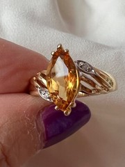 VINTAGE SOLID 14K YELLOW GOLD MARQUISE NAVETTE GOLDEN HONEY CITRINE DIAMOND RING