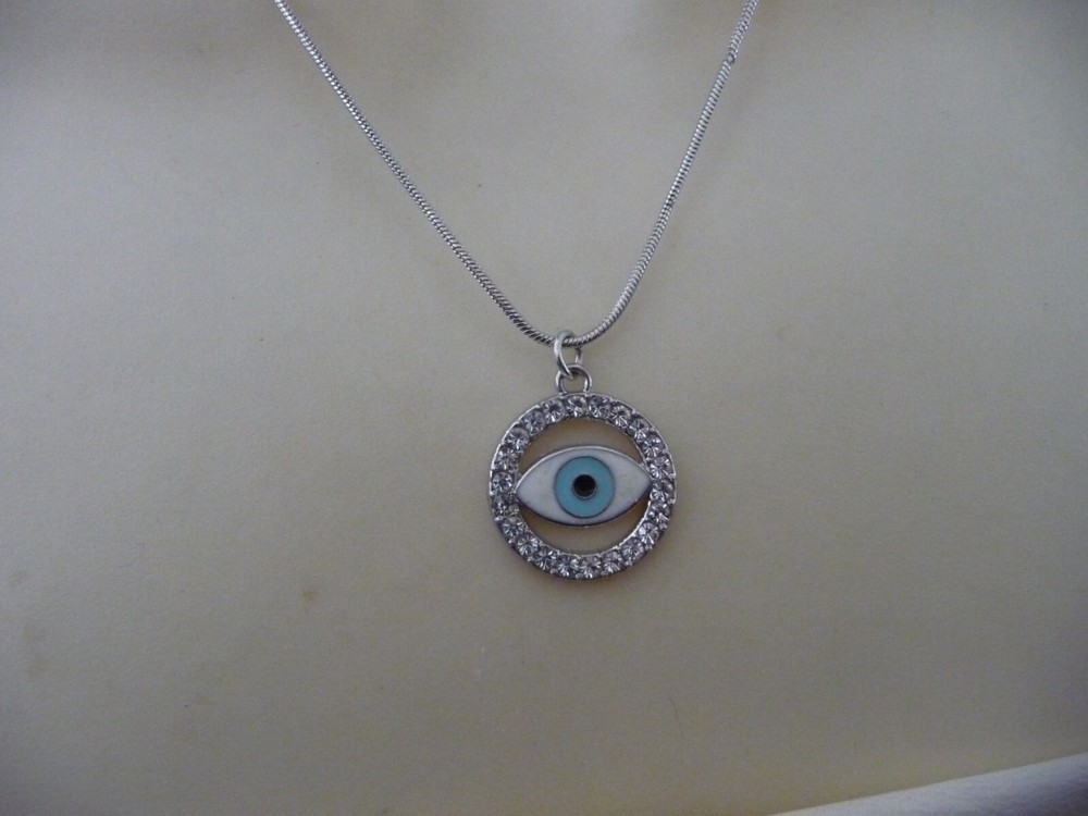 EVIL EYE PENDANT w RHINESTONE on SILVER TONE CHAIN NECKLACE #23/5A
