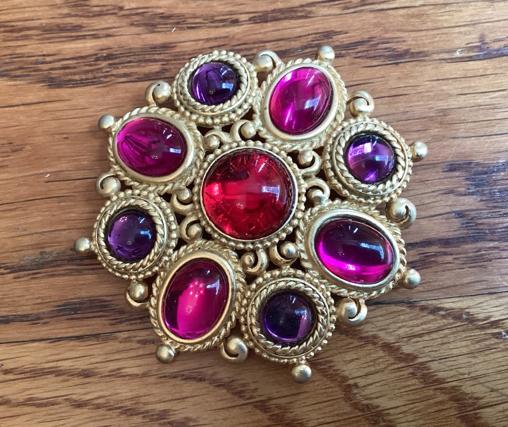 Vintage Gold Tone Brooch With Purple Pink Red Cabochons 2.5”