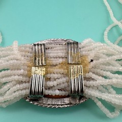 Vintage Seed Bead Opalite Necklace Multi Strand Large Oval Station Pendant 17″
