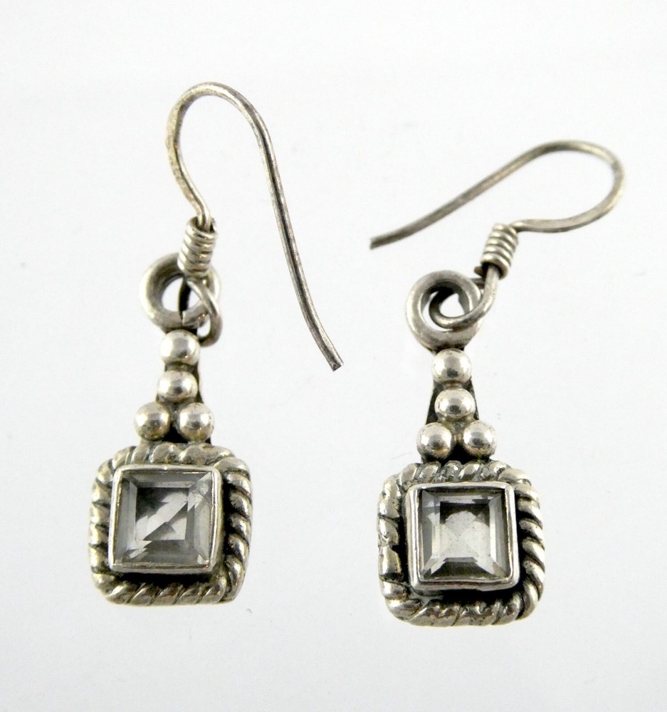 Sterling Silver Square Cut Quartz Dangling Earrings 925 4.4g 1.25 Inches Length