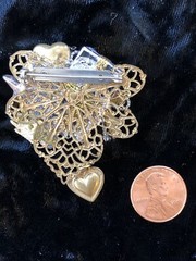 Vintage Gold Tone Holiday Brooch, w/Gift Box, Bow, Heart, Star, Hanging Heart