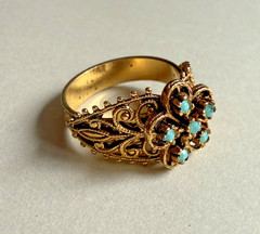 Vintage Blue Glass Turquoise Color Filigree Flower Adjustable Gold Tone Ring