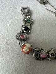 VTG Victorian Revival Slide Bracelet, Silver Tone – Rhinestone, Glass, Cameo 7”
