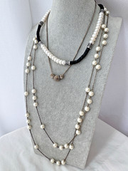 Y2K 2000s 1990s VTG Leather & Pearls Gothic *3 Necklaces STACK* 1980s long Korea