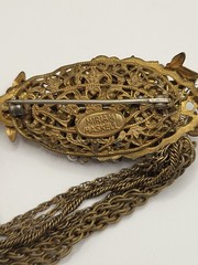 Signed MIRIAM HASKELL Art Nouveau Gold Plate Filigree Baroque Faux Pearl Brooch