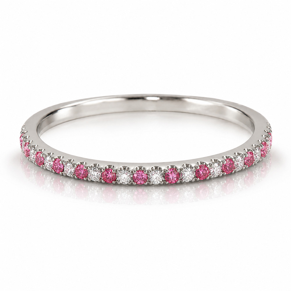 18K White Gold Natural Diamond & Pink Sapphire Eternity Wedding Band Ring