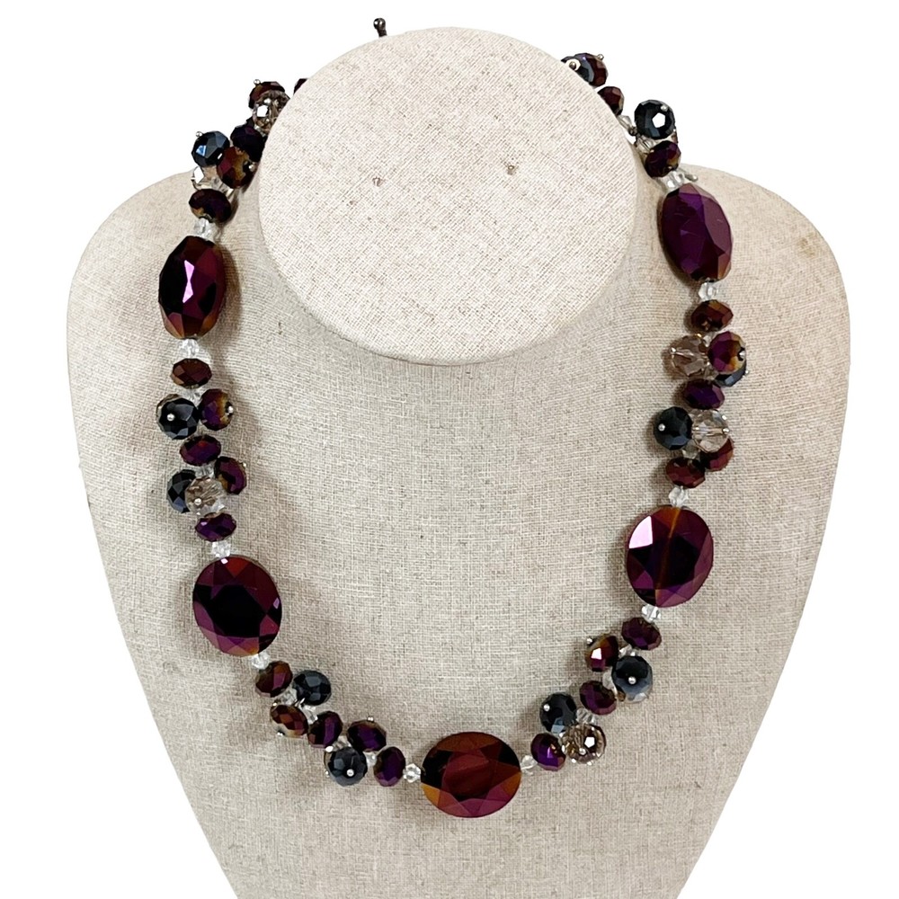 Handmade Faceted Irridescent Purple Crystal Bead Statement Necklace Large Oval