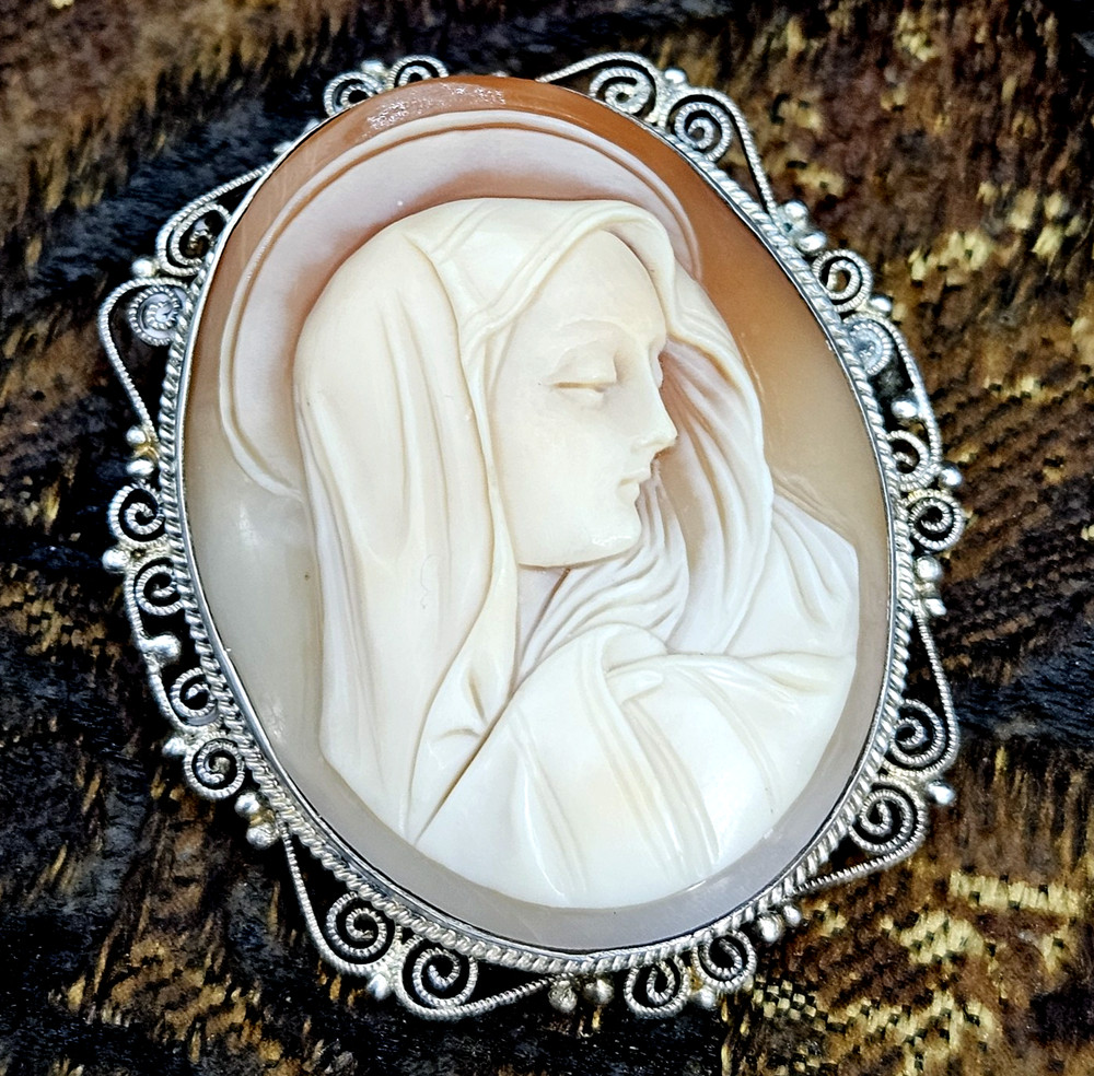 VTG 45mm Shell Cameo Mater Dolorosa Brooch Pendant Tested Silver Filigree