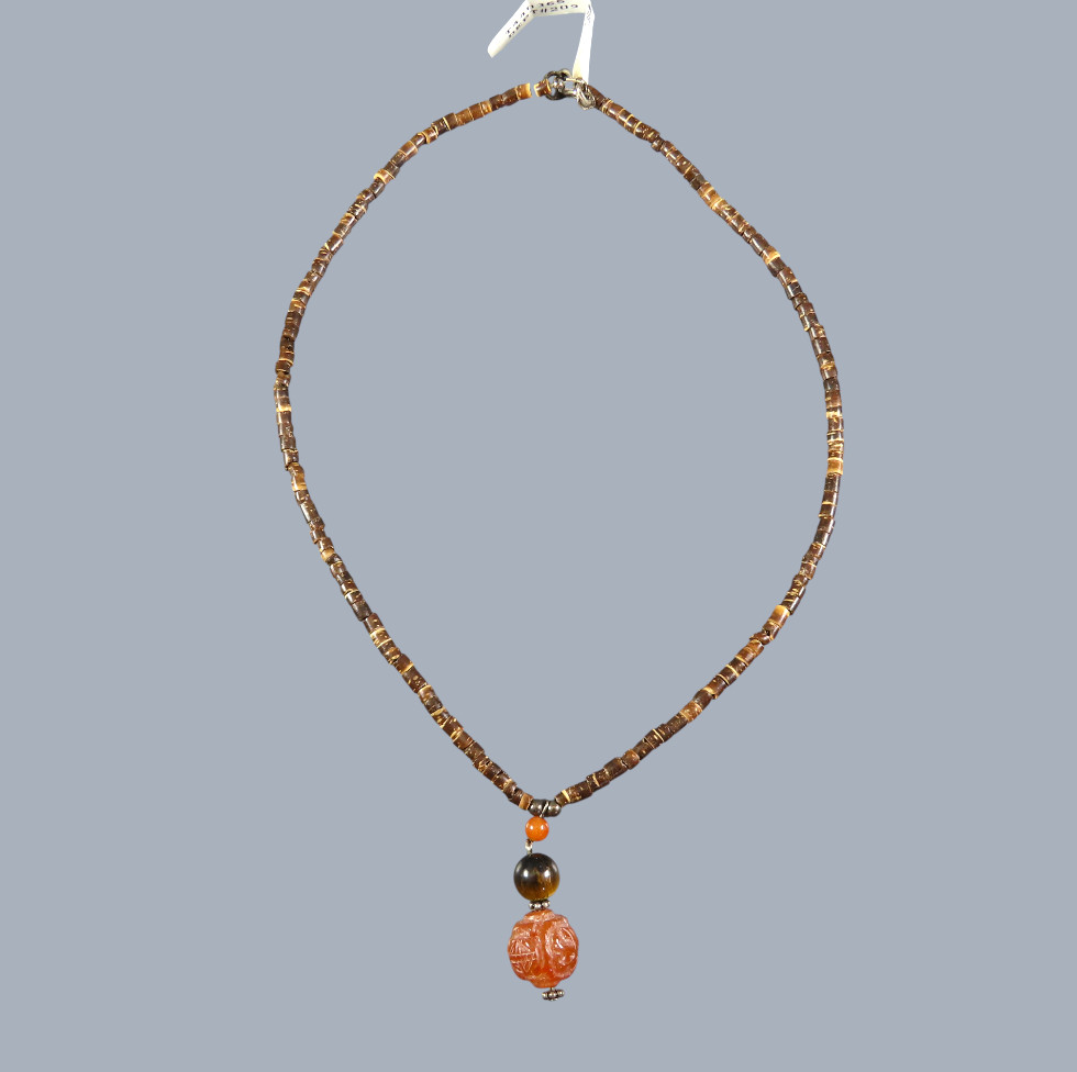 HEISHI BEADED NECKLACE Sterling Silver CARVED CARNELIAN BALL PENDANT Tiger’s Eye