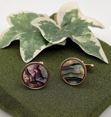 Vintage Abalone Cufflinks Gold Tone Circles .75 in Diameter Colorful Unsigned