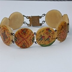 Vintage Round Storyteller Bracelet Middle Eastern Painted Folk Art Birds Figures