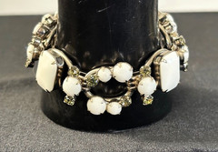 VTG D&E JULIANA Silver Tn WHITE MILK GLASS SMOKE RHINESTONE 5 Link Bracelet 7″ L