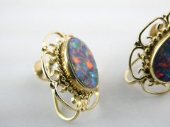 Antique ARA Art Deco 9k Yellow Gold Opal Doublet Screwback Earrings 4.3g .75 In