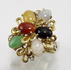 Vtg 14K Yellow Gold Multi Color Jade & Diamond Cluster Ring Size 5.5 FZZ
