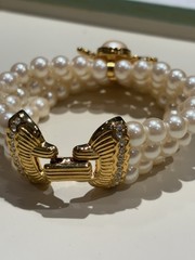 Vintage Joan Rivers Signed Faux Pearl Triple Strand Rhinestone Bee Bracelet #8