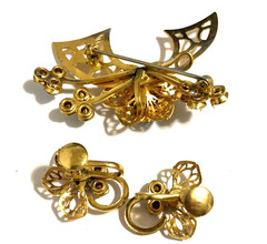 Vintage Brooch & Earrings Set Gold & Blue