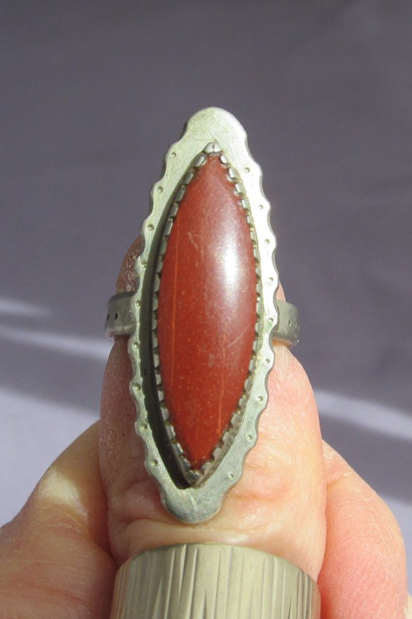 VINTAGE OLD PAWN STERLING SUPER LONG NAVETTE MARQUISE JASPER RING SIZE 6