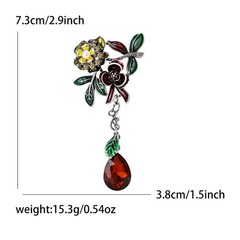 Vintage Enamel Flower Brooch Red Teardrop Dangle Lapel Pin Floral Leaf Jewelry