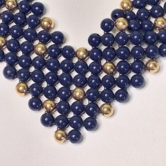 Navy Blue & Gold Beaded Bib Necklace Woven Statement Collar V-Shape Vintage