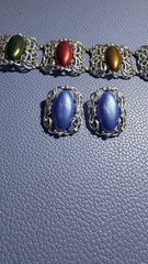 Vintage Sarah Coventry Carousel Silver Tone Multi-Color Cabochon Bracelet and Ea