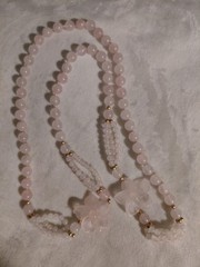 Vintage Pink Rose Quartz Hand Knotted Beaded Necklace With 2 Carved Pink Quartz