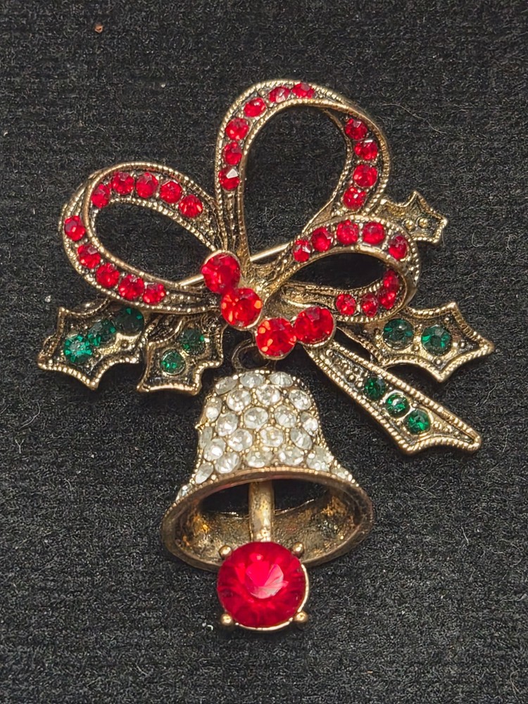 Modern Festive Rhinestone Christmas Holly Dangle Bell With Ribbon Pin / Brooch