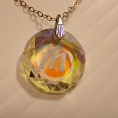 Vintage Iridescent Glass M Pendant Necklace Silver Tone Chain Choker Length 39cm