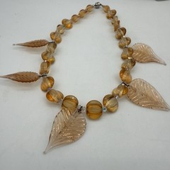 Vtg Art Glass Necklace Amber Citrine Molded Leaves Charm Mellon Beads Read