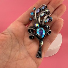 Vintage Rhinestone Brooch Aqua Blue Aurora Borealis Floral Bouquet Pot Metal?