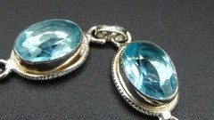 925 Sterling Mexico Oval Link Faceted Blue Glass Tennis Bracelet W/ Toggle Clasp
