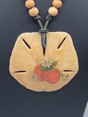 VTG Decoupaged Large Sand Dollar pendant necklace Wood Beads 28″ Leather Cord