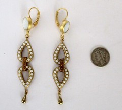 Pair of Vintage Moonstone & Mother-of-Pearl 3 1/4-Inch Brass Earrings/Boho