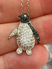 GM Vintage Sterling Silver Sparkling Black and White Penguin Necklace 17.75″