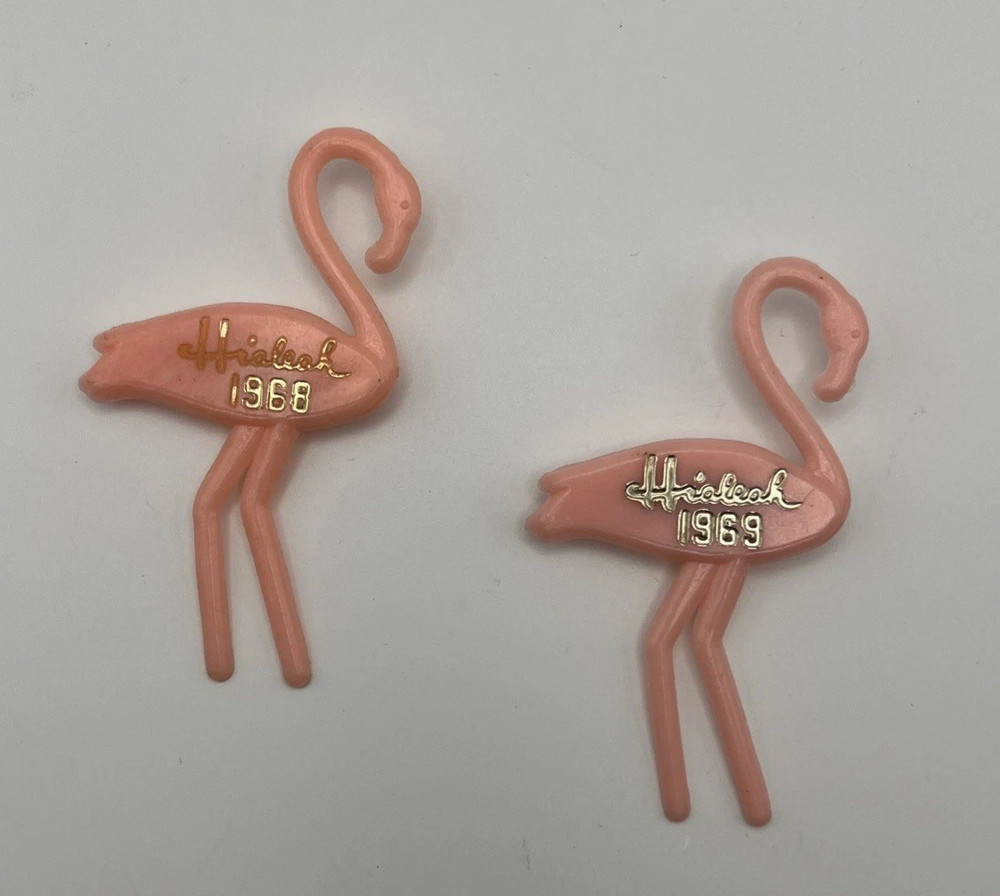 2 Vintage Hialeah Pink Flamingo Brooch Pin 1968 1969 Park Race Track Souvenir