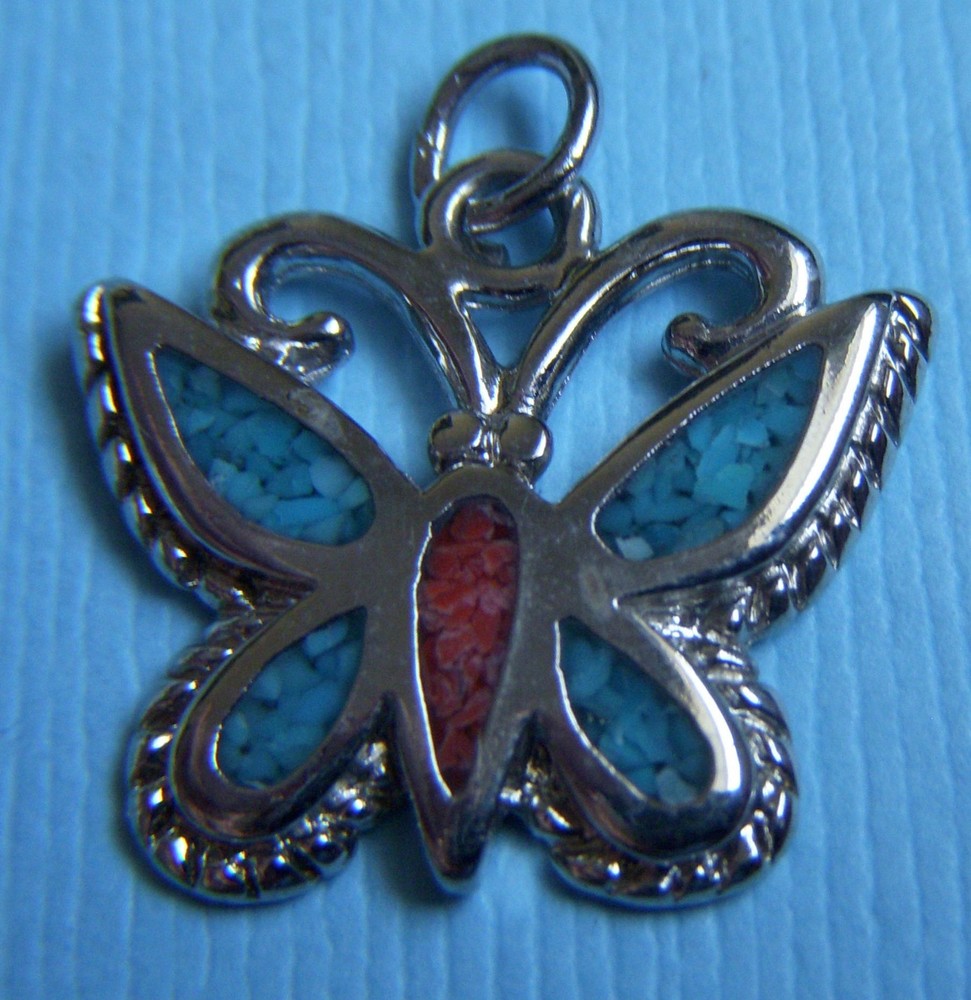 Vintage butterfly inset with stones turquoise coral charm