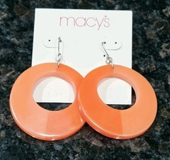 Macy’s Earrings Orange Circle Dangle Drop 80’s style silver tone Vintage 2.5 in