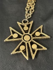 Vintage Edlee Pendant Necklace Maltese Cross Rhinestone Starburst Gold Tone 30”