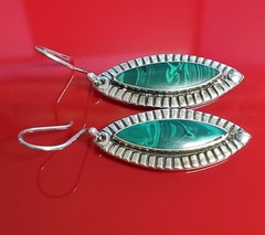 925 ATI Mexico Malachite Earrings 1.75in Drop Sterling Silver 6g Marquise Bezel