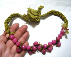 Unique Vintage Handmade Faceted Fuchsia Quartz & Avocado Braided Silk Necklace