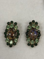Documented Juliana D&E UV Reactive Art Glass Green Rhinestone Clip Earrings