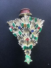 Vintage Unusual White Enamel w Green Bows & Red Yellow & Blue Rhinestones Christ