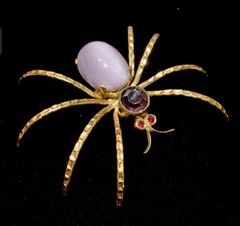 Vintage Czech Spider Brooch Gold Cats Eye Glass Cabochon Purple Rhinestone