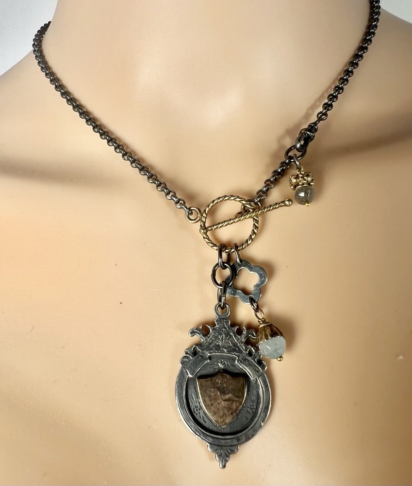 Handmade Charm Necklace Vintage Oxidized Sterling FOB Shield Pendant & Chain