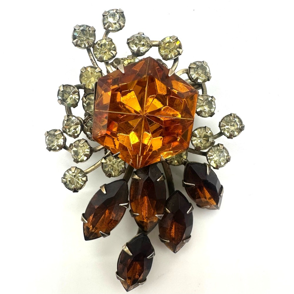 Vintage gold tone jonquil yellow topaz orange brown glass rhinestones brooch