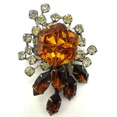 Vintage gold tone jonquil yellow topaz orange brown glass rhinestones brooch