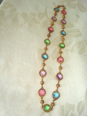Vintage Gold Tone Necklace Bezel Set Pink Purple Blue Green Stones 22 1/2 In.