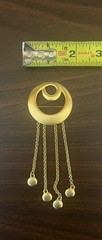 VTG Tona Brooch Signed 4″ Brushed Gold Tone Circles & Charms Dangling Chains